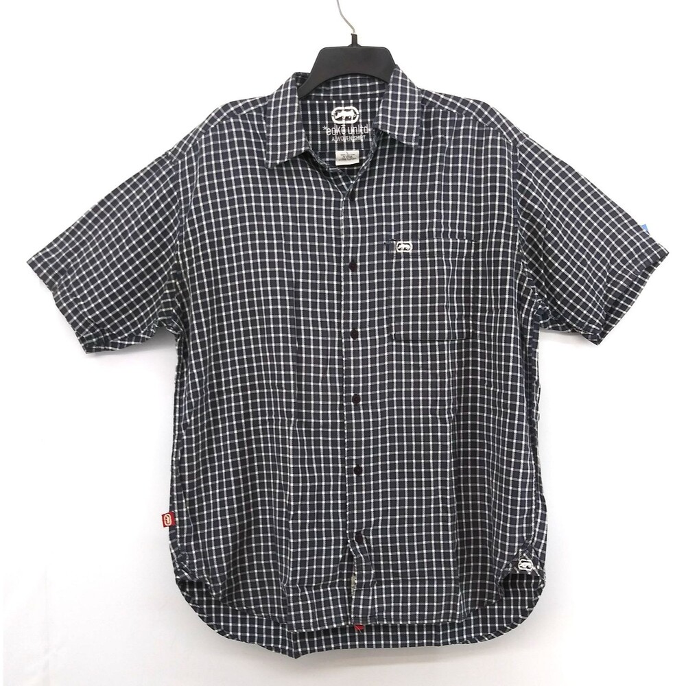Ecko Unltd. Shirt Mens Large Black Check Collared Short Sleeve Casual Button Up
